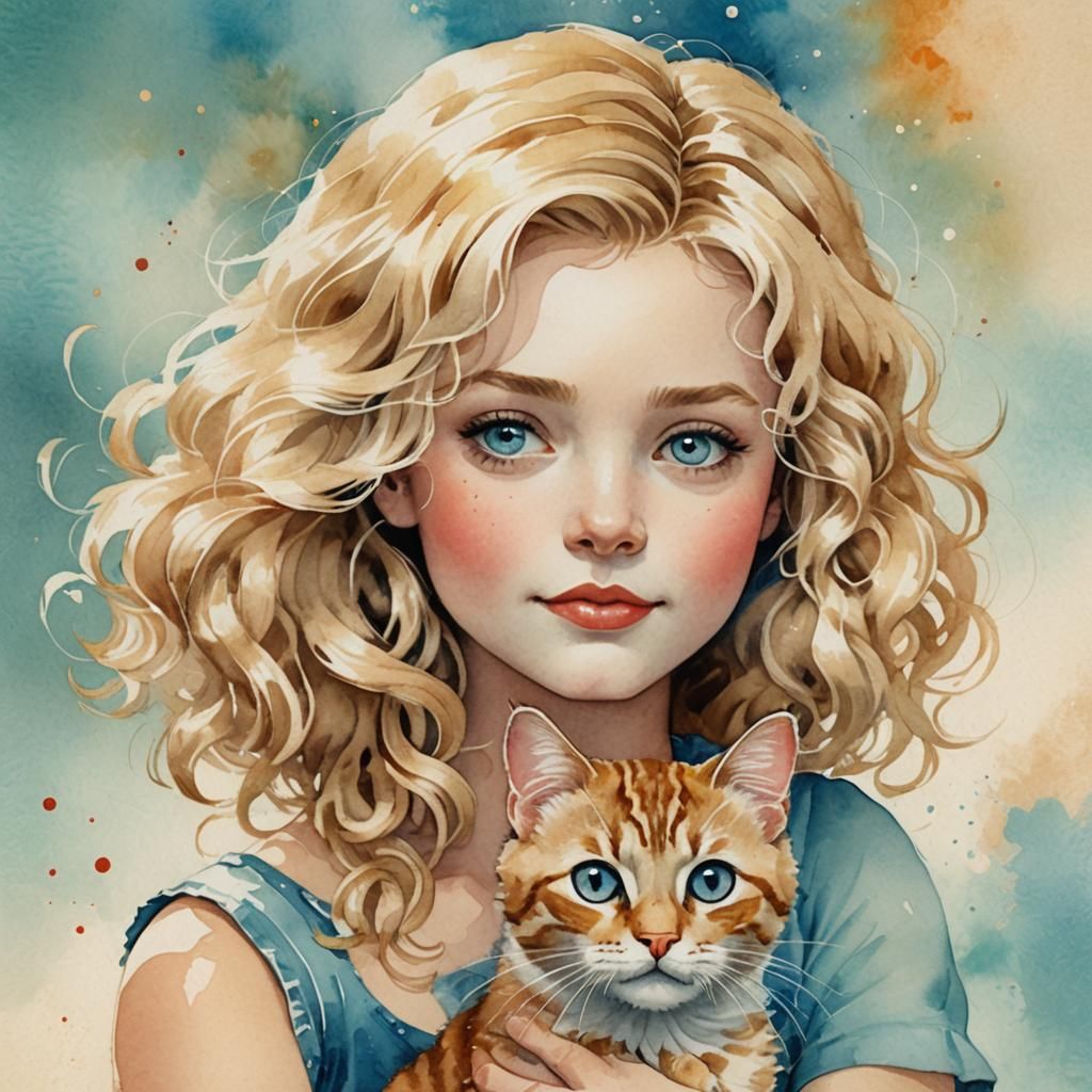 Pastel Watercolor: Girl and Cat in Whimsical Style