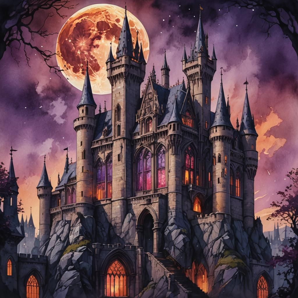 Gothic Castle Illuminated Under a Bloodmoon