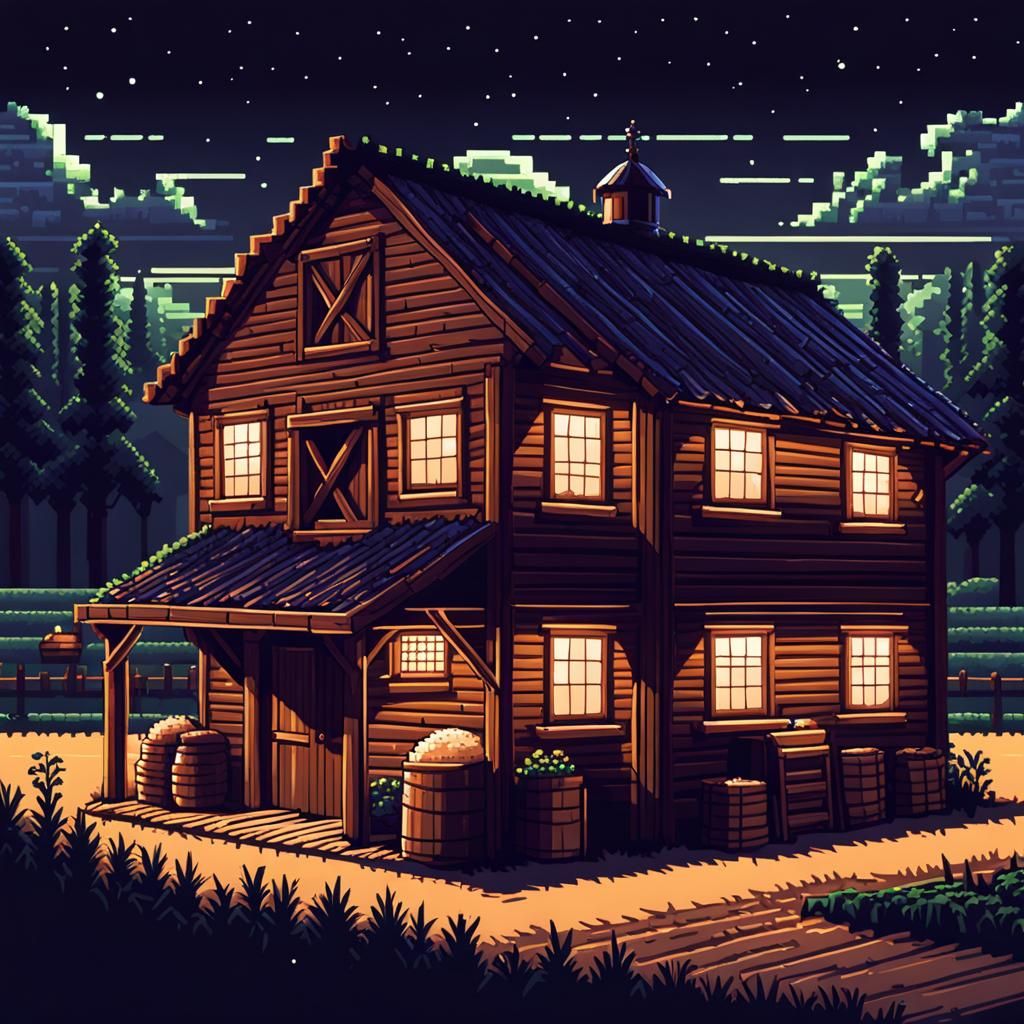 Detailed 8-bit Pixel Art Farm Shed at Night
