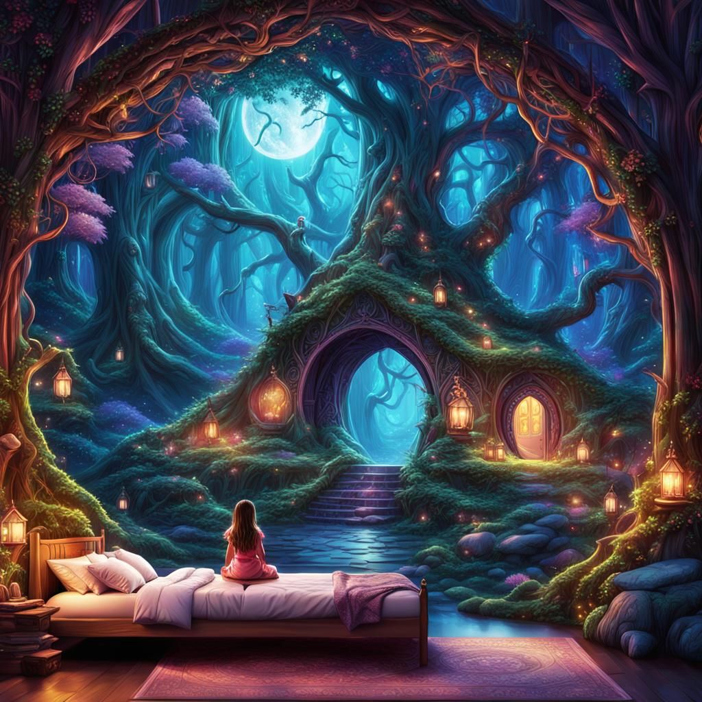 Girl Gazing at Magical Forest Portal: Comic Book Art