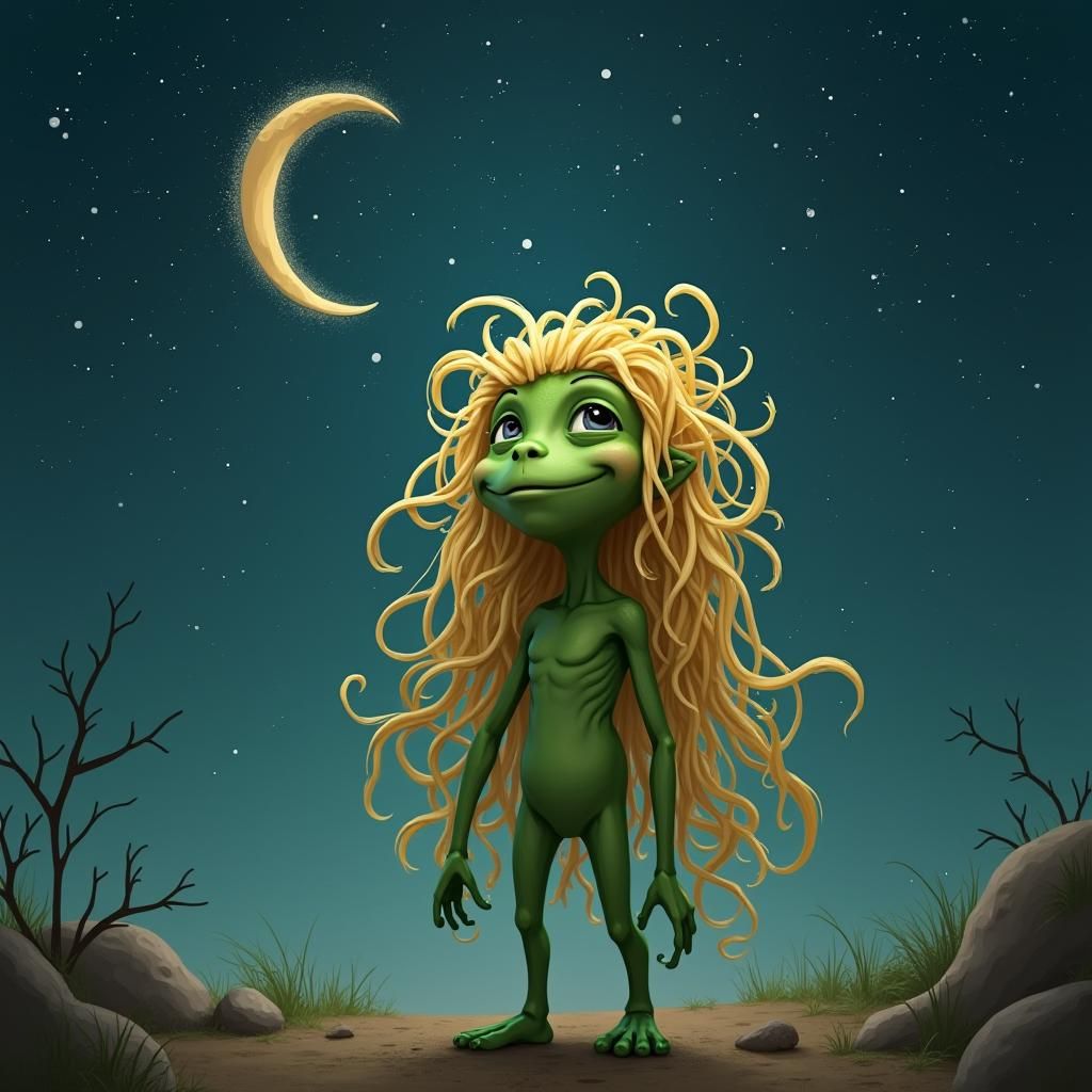 Green Alien with Spaghetti Hair Looks at Big Dipper