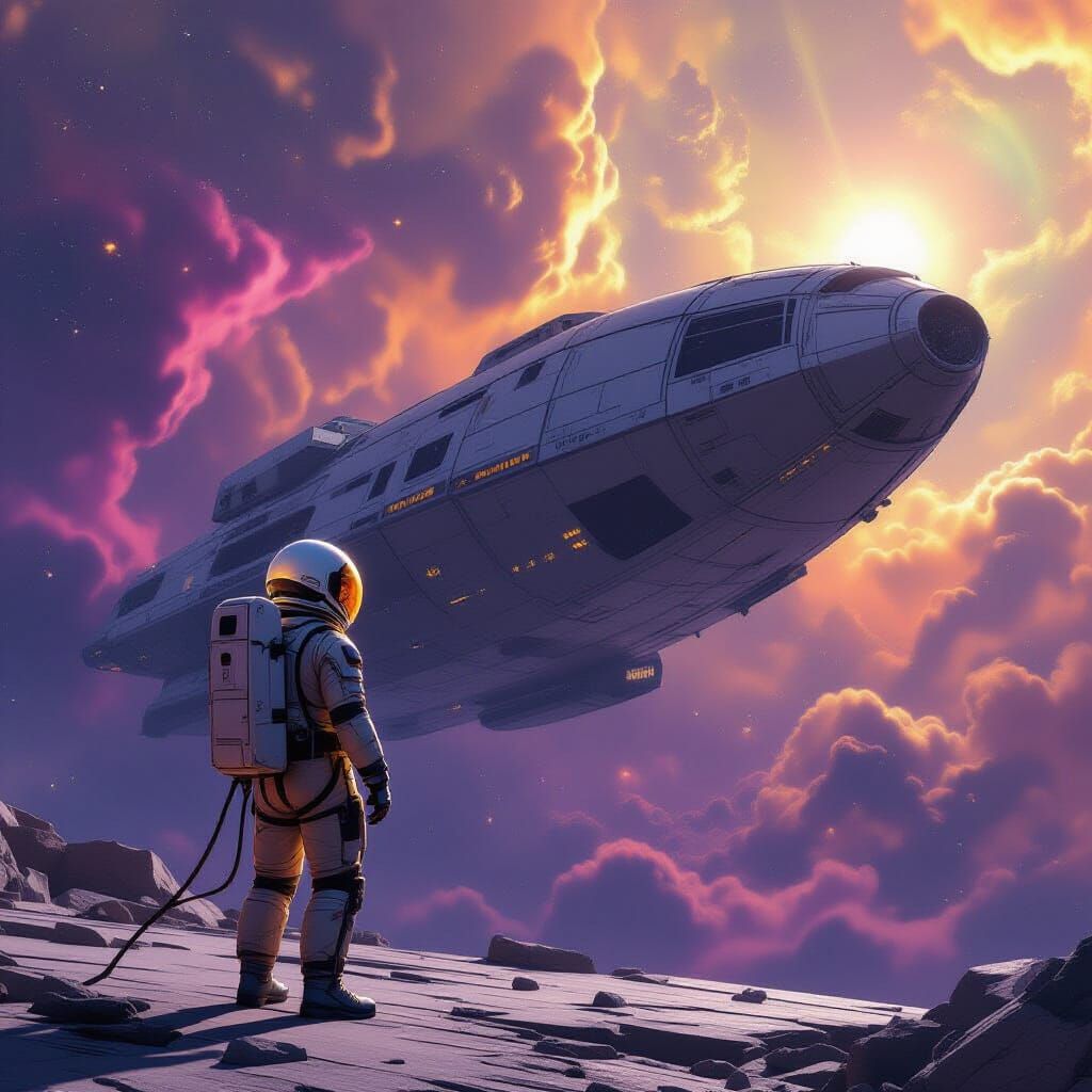 Astronaut Tethered to Derelict Spaceship in Cosmic Nebula