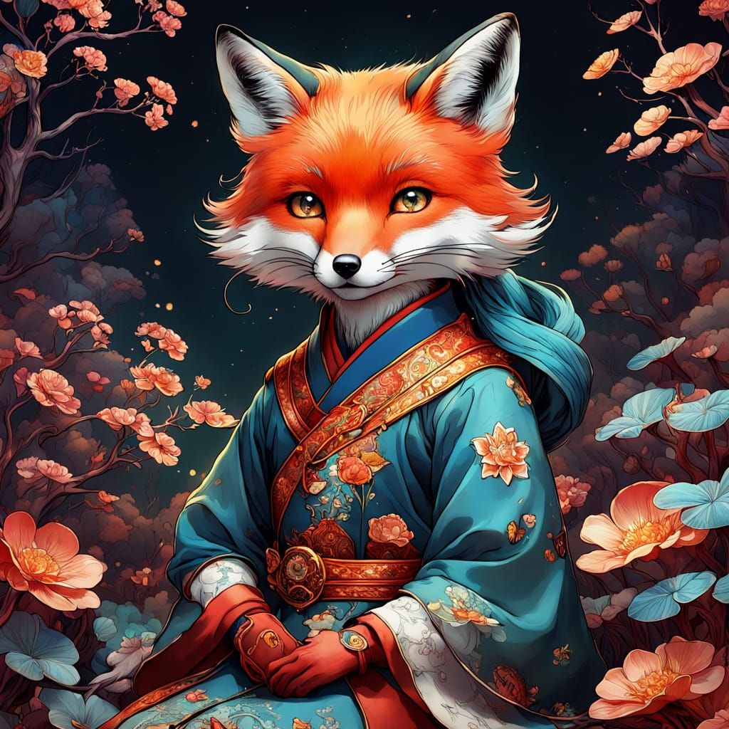 Fantasy Fox in Warm Tones, Minhwa Style