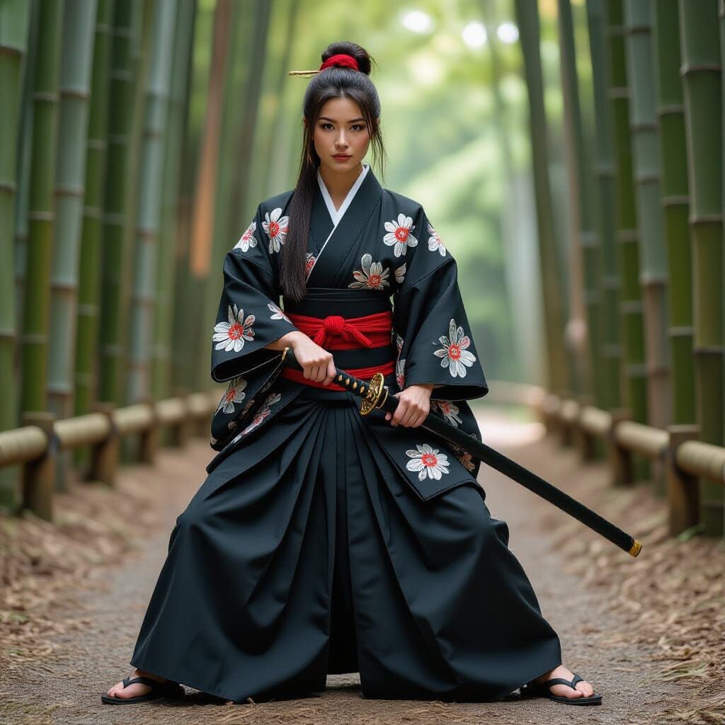 Samurai Warrior in Kendo Pose with Nodachi