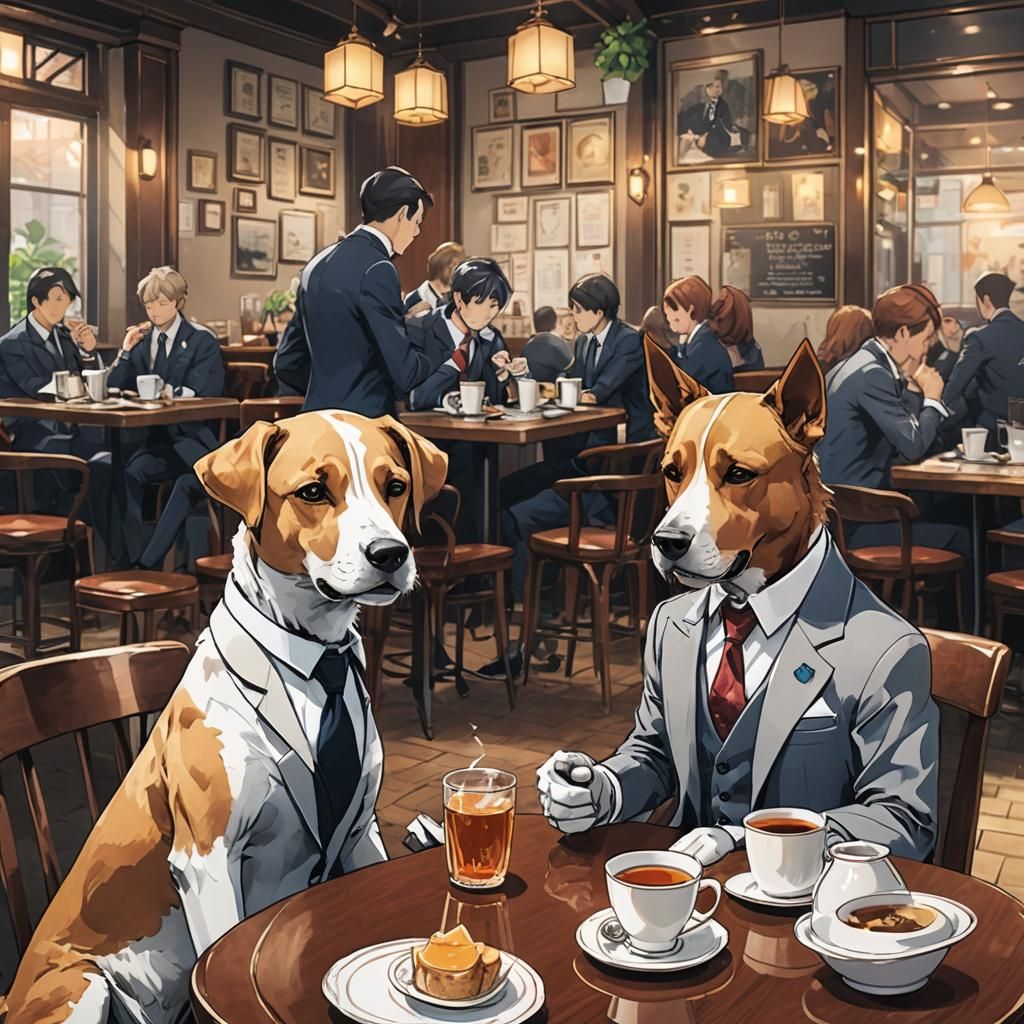 Dogs in Suits Enjoying Tea: Manga Anime Style