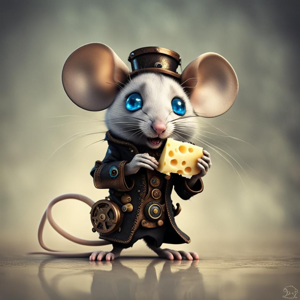 Steampunk Mouse with Cheese in Decopunk Style