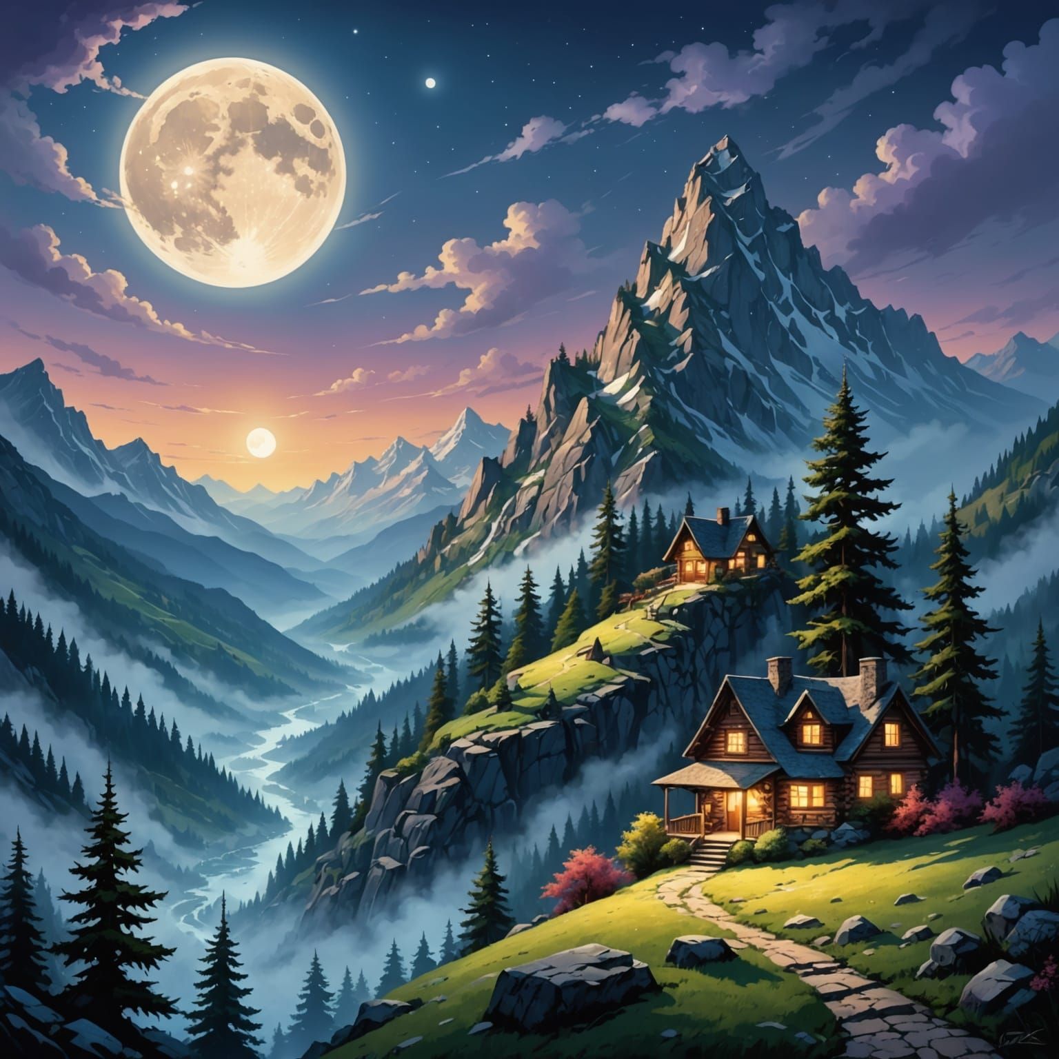 Ethereal Mountain Scene in Full Moonlight