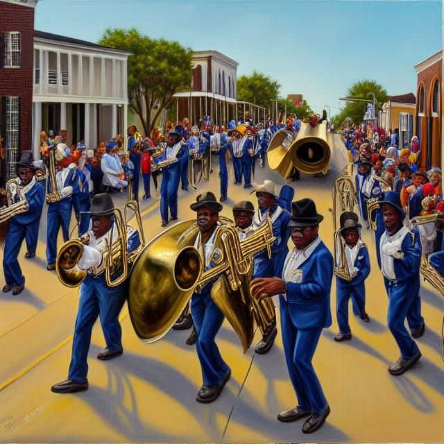 New Orleans Second Line Parade in Oil Painting Style