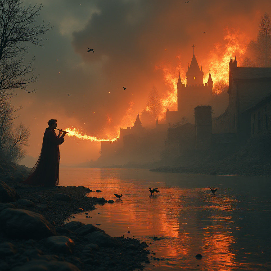 Flaming Flute Serenade Amidst Village Inferno