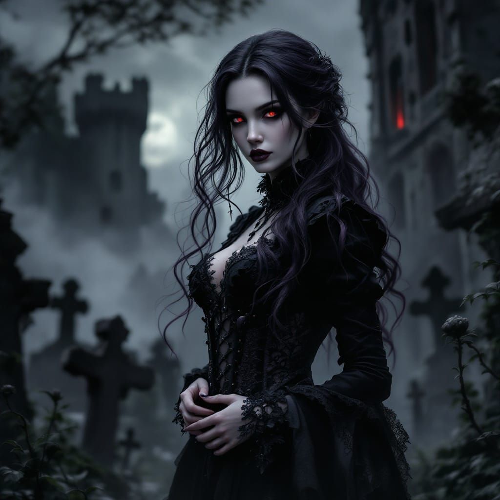 Elegant Vampire in Shadowy Graveyard, Dark Romantic Style