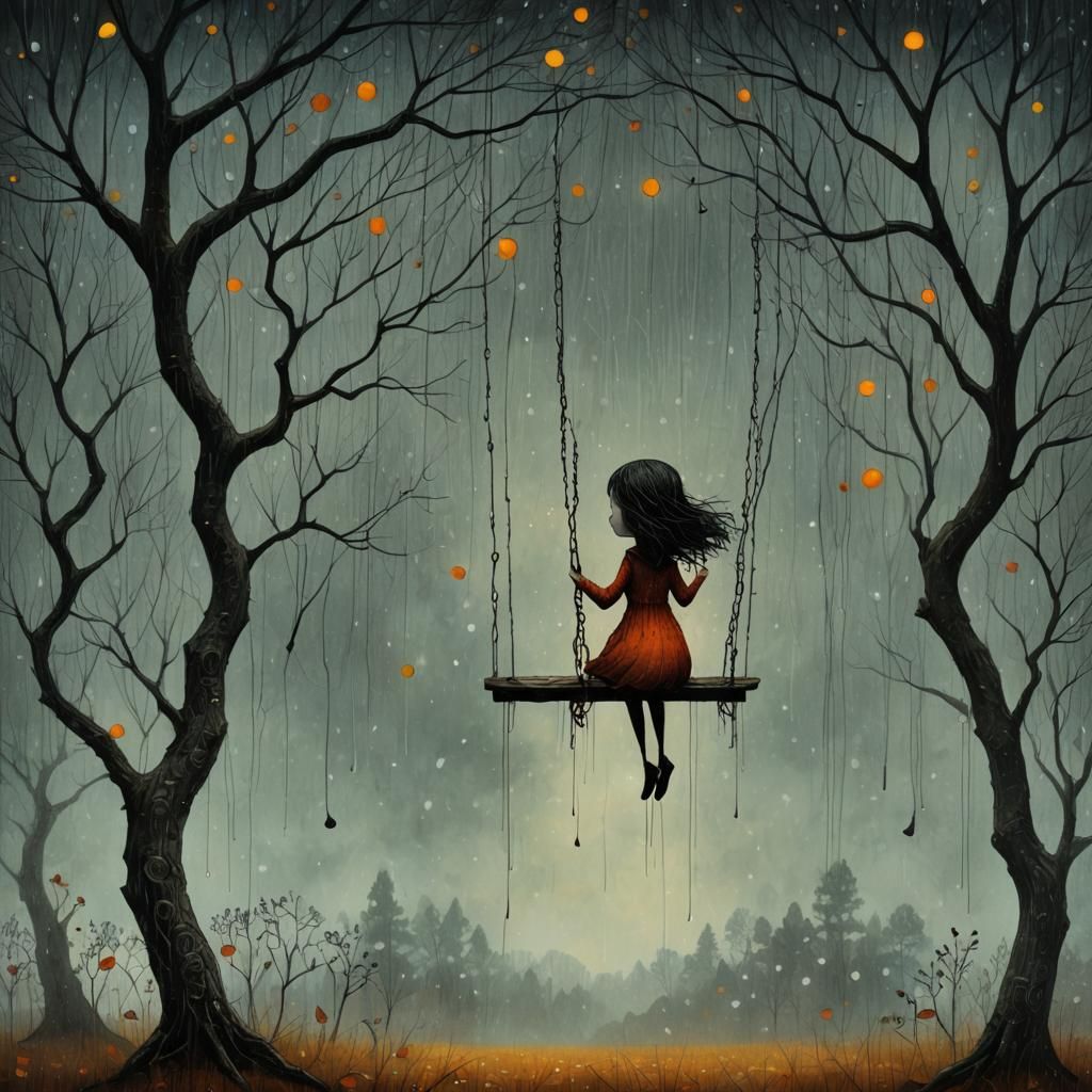 Girl on Swing in Rainy Autumn: Pop Surrealism