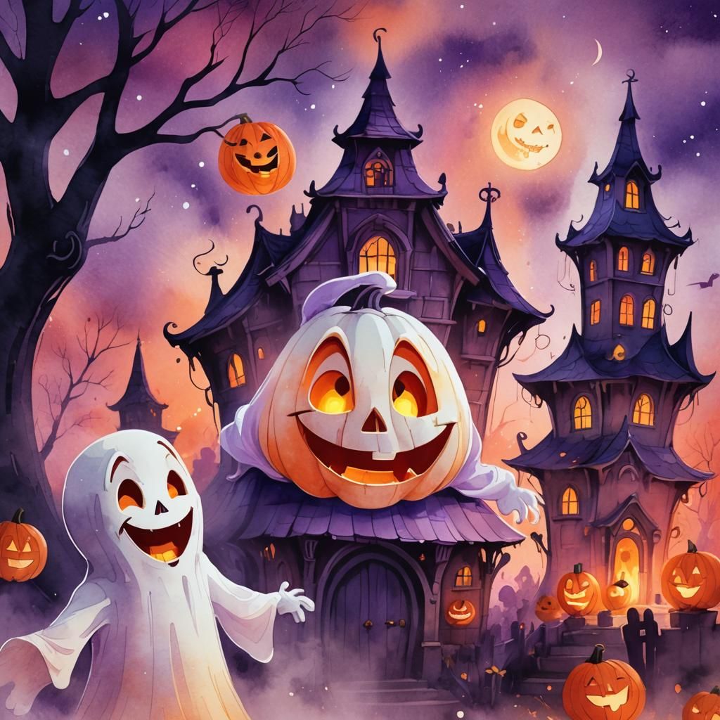 Casper the Ghost in Watercolor Haunted House