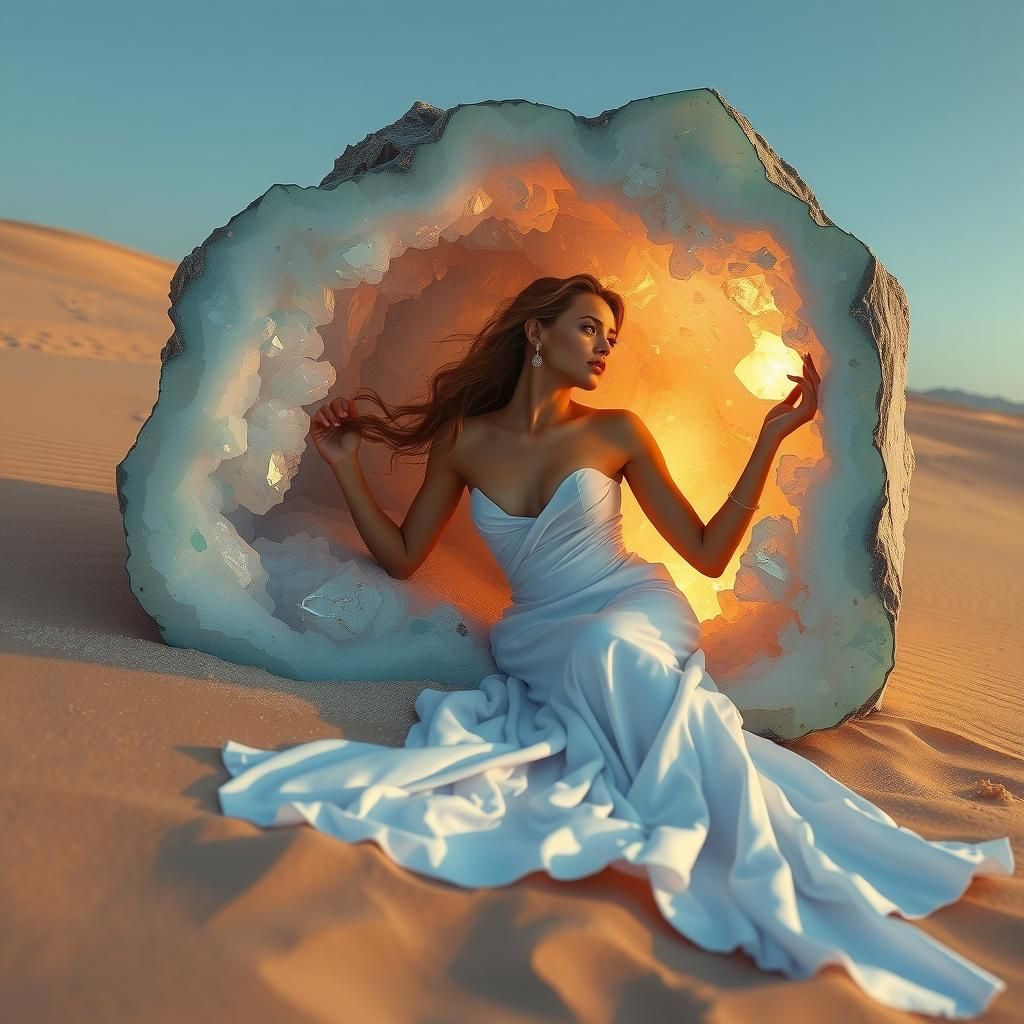 Crystalline Woman on Golden Beach: Surreal Art