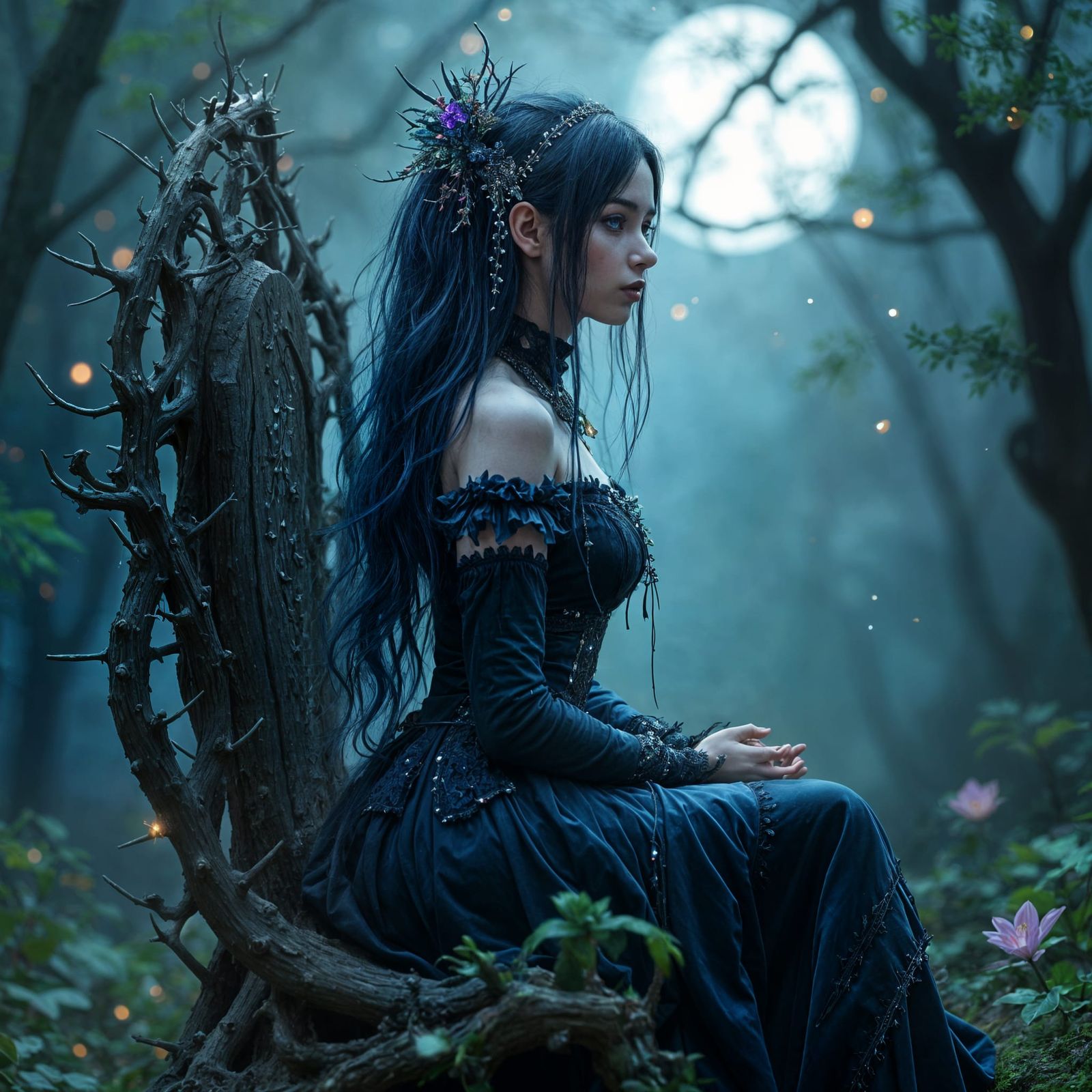 Whimsical Gothic Fairy Seated on Throne of Twisted Thorns