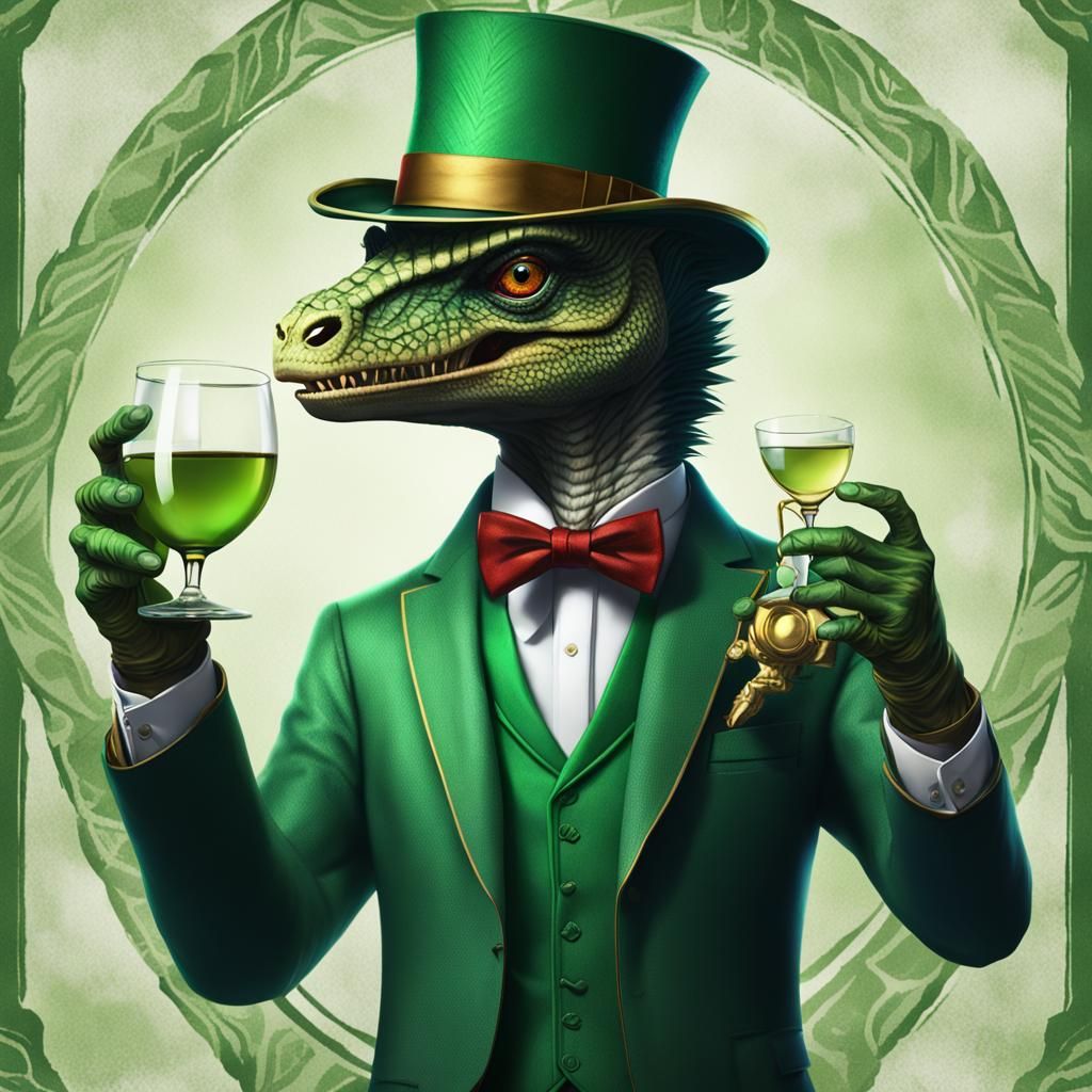Dapper Dilophosaurus in Green Suit, Detailed Digital Art