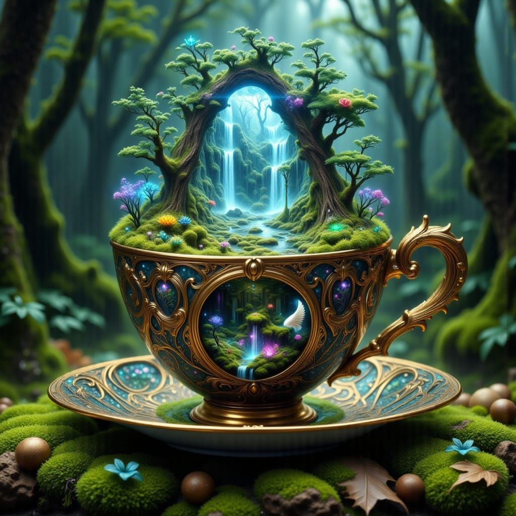 Magical Teacup Ecosystem in Enchanted Forest Clearing