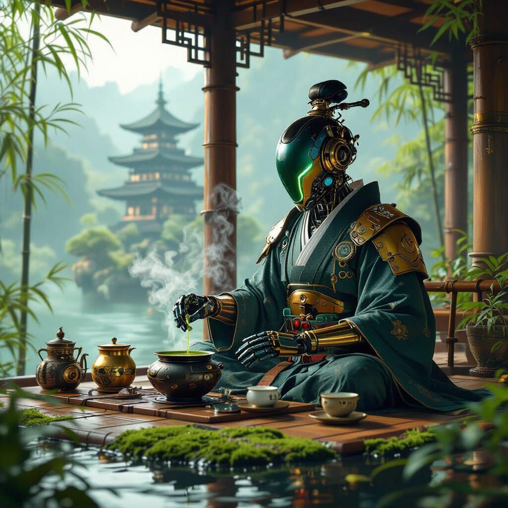 Cyborg Tea Master's Floating Island Teahouse in Steampunk St...