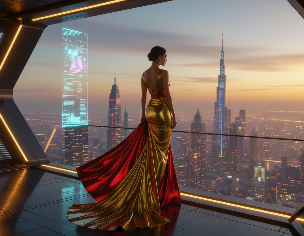 Retrofuturistic Woman Overlooking Neon Cityscape