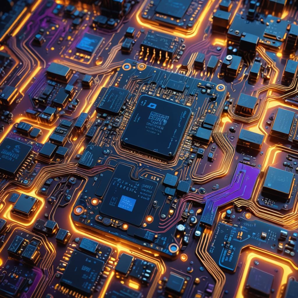 Complex Circuit Board with Glowing Wires in Oil Painting Sty...