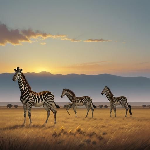 Zebras and Giraffes in African Savannah: Oil Painting