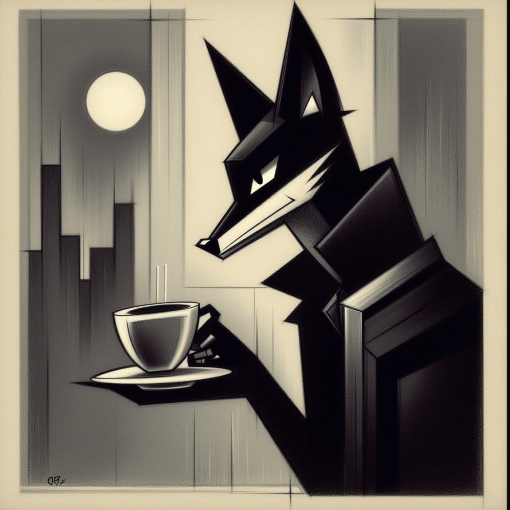 Cyberpunk Fox Drinking Coffee in Night City