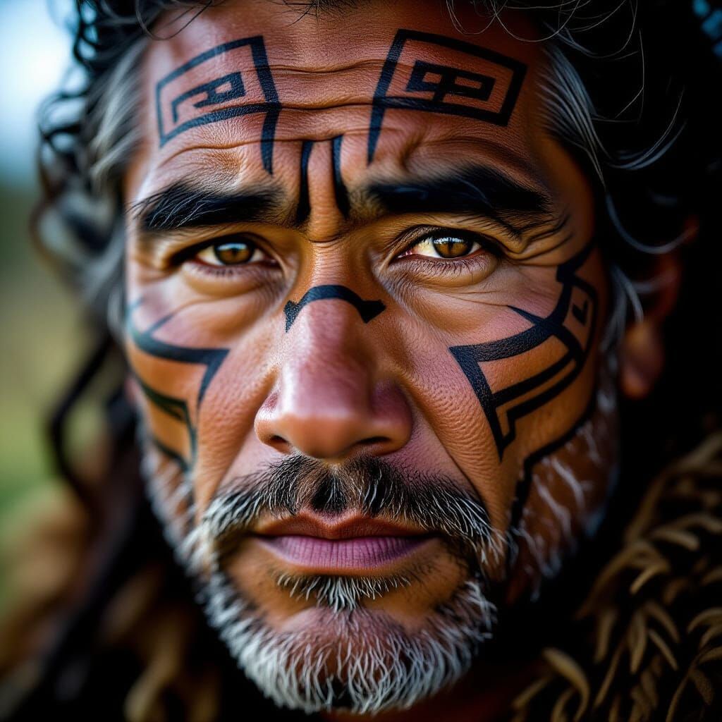 Maori Man's Strong, Weathered Face Portrait