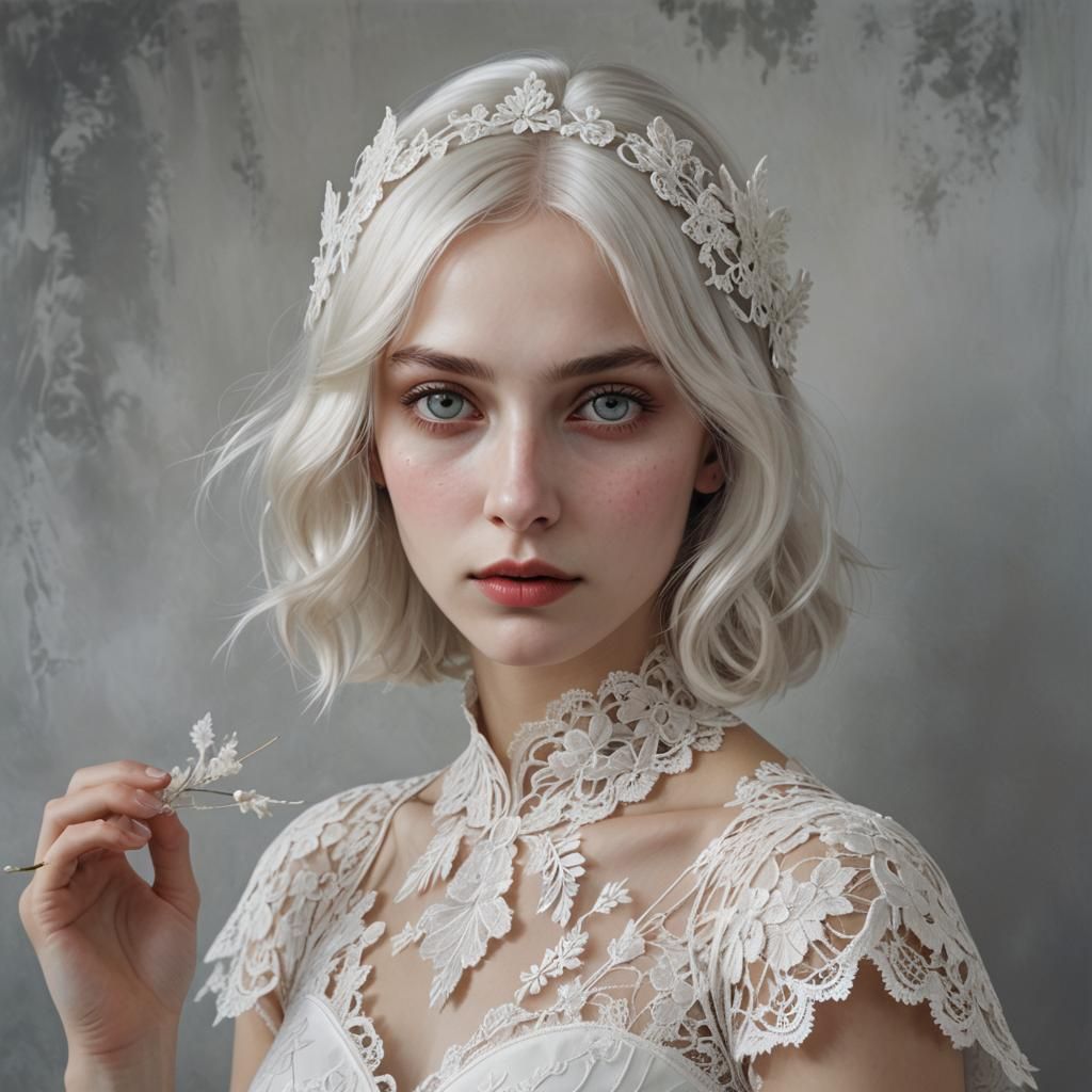 Icy White-Eyed Fairy in Lace: Hyperrealistic Portrait