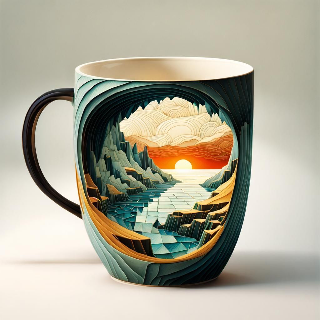 Whimsical Cave Landscape Inside a Mug Illusion
