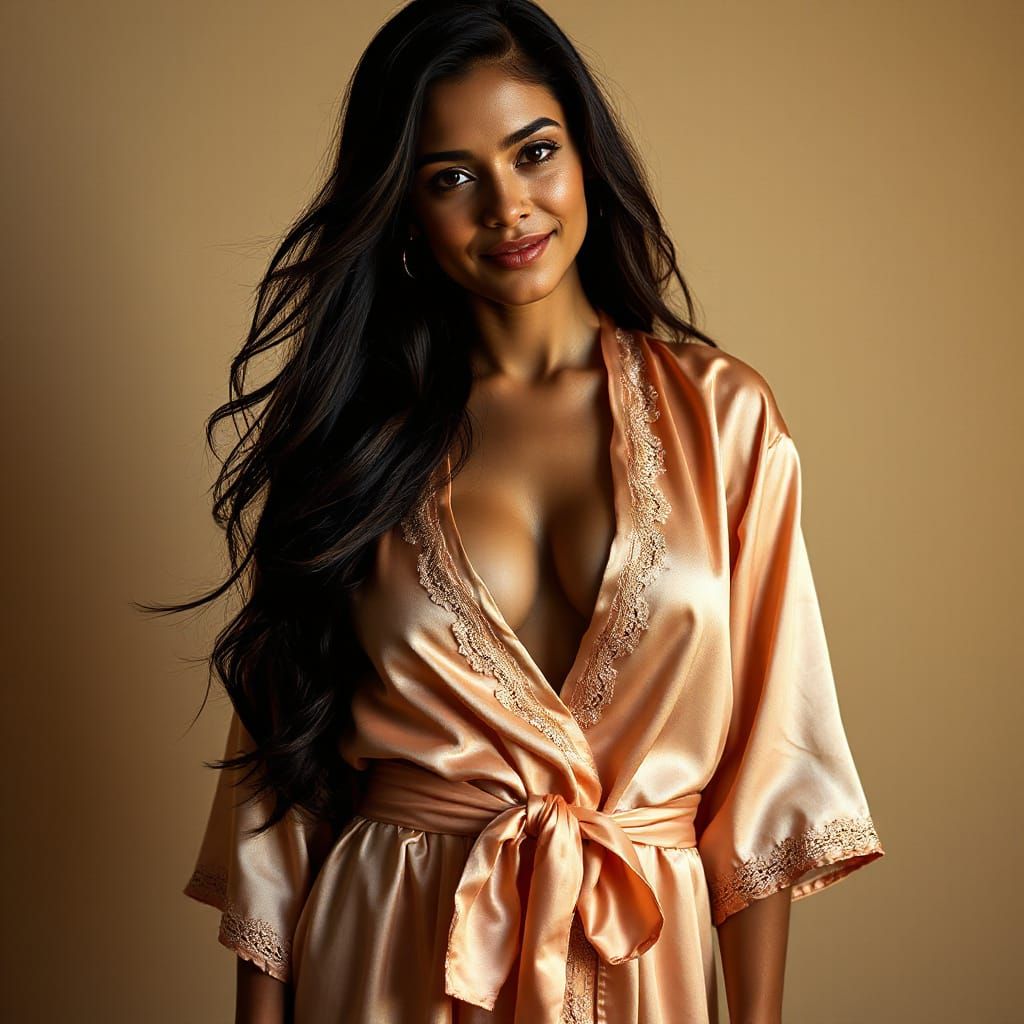 Radiant Latina Woman in Silk Kimono