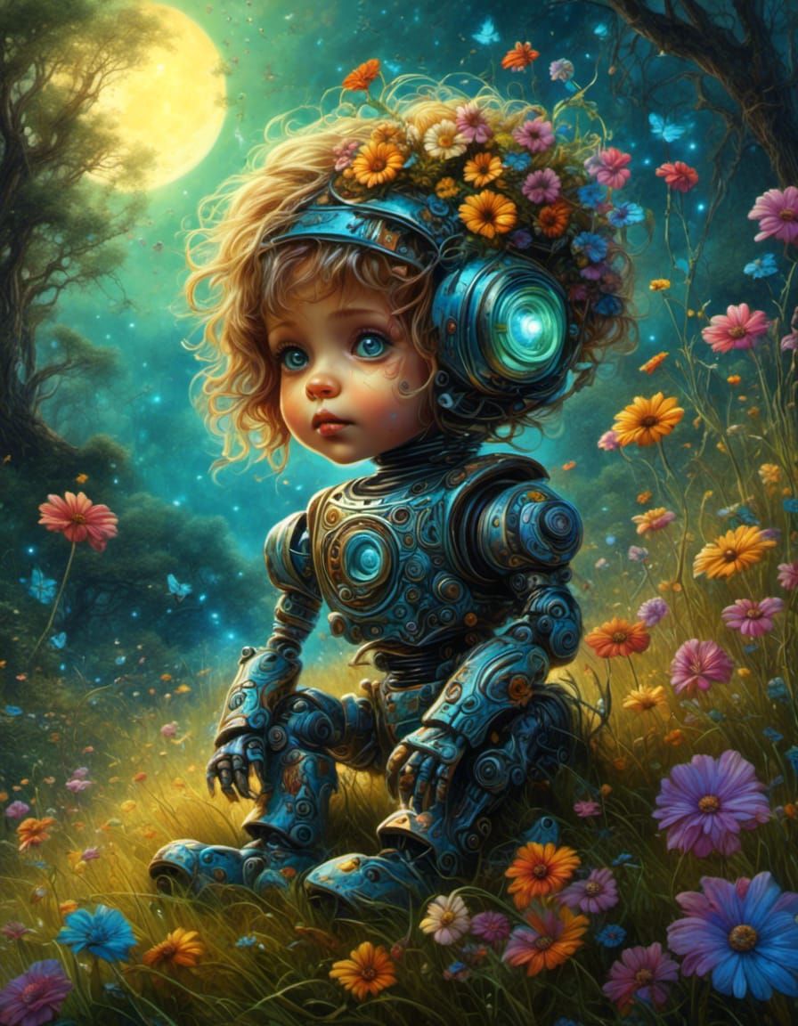 Robot Girl in Floral Field, Fantasy Art