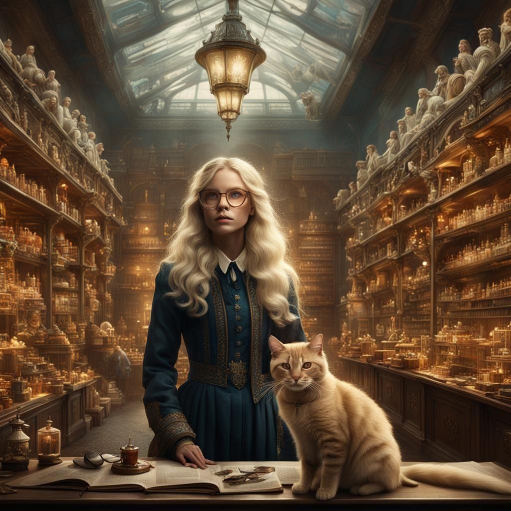 Blonde Pharmacist with Cats in Detailed Digital Painting