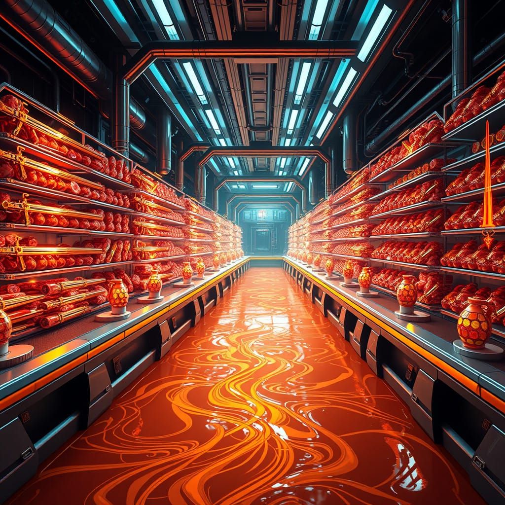 Sleek Futuristic Chocolate Factory with Neon Hot Chocolate R...