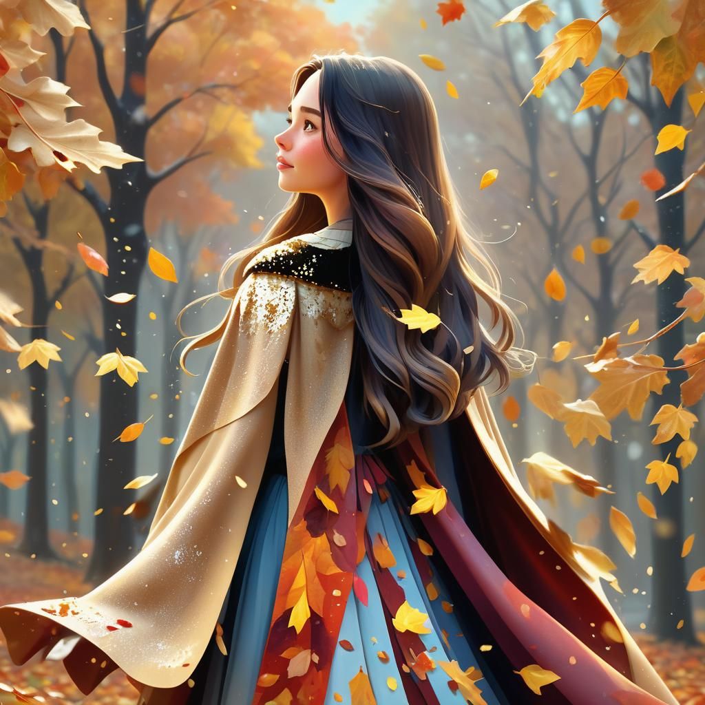 Woman in Autumn Leaves: Pixar-Style 3D Digital Art