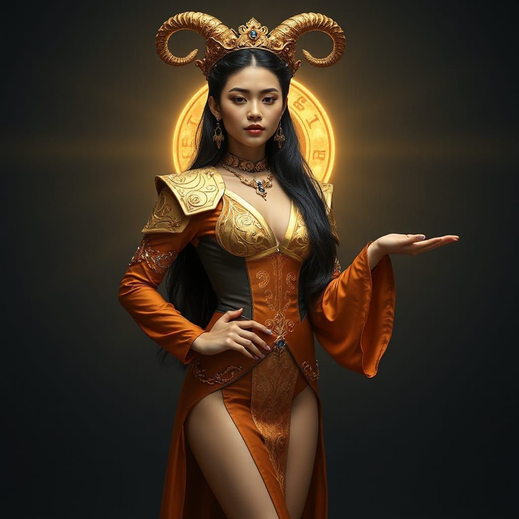 Thai Woman in Amber Silk Gown with Golden Horns