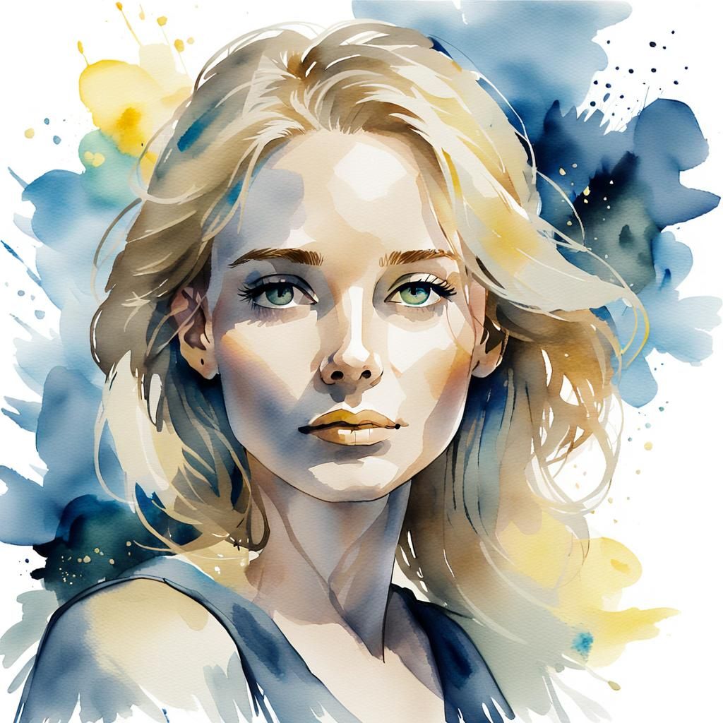 Dreamy Watercolor Portrait of a Serene Woman