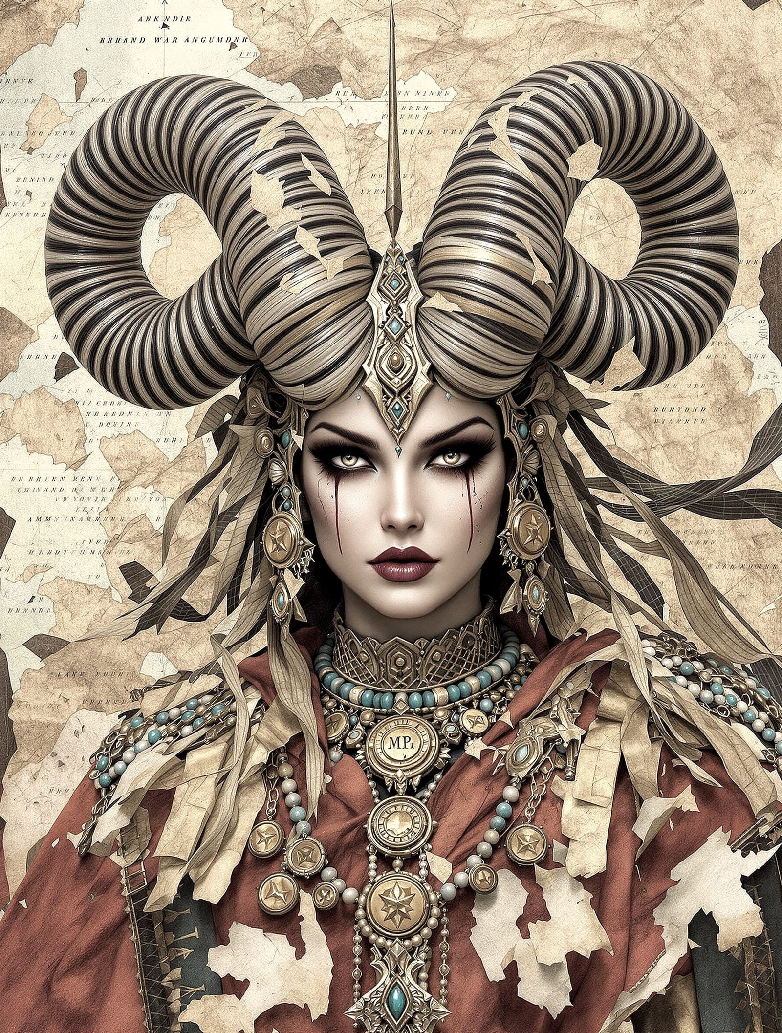 Mythic War Goddess Portrait in Collage Style