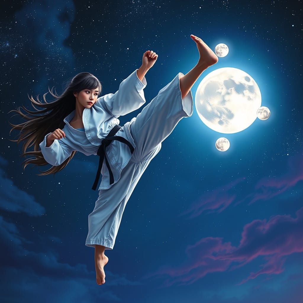 Majestic Karate Warrior Defies Gravity Under Starry Night