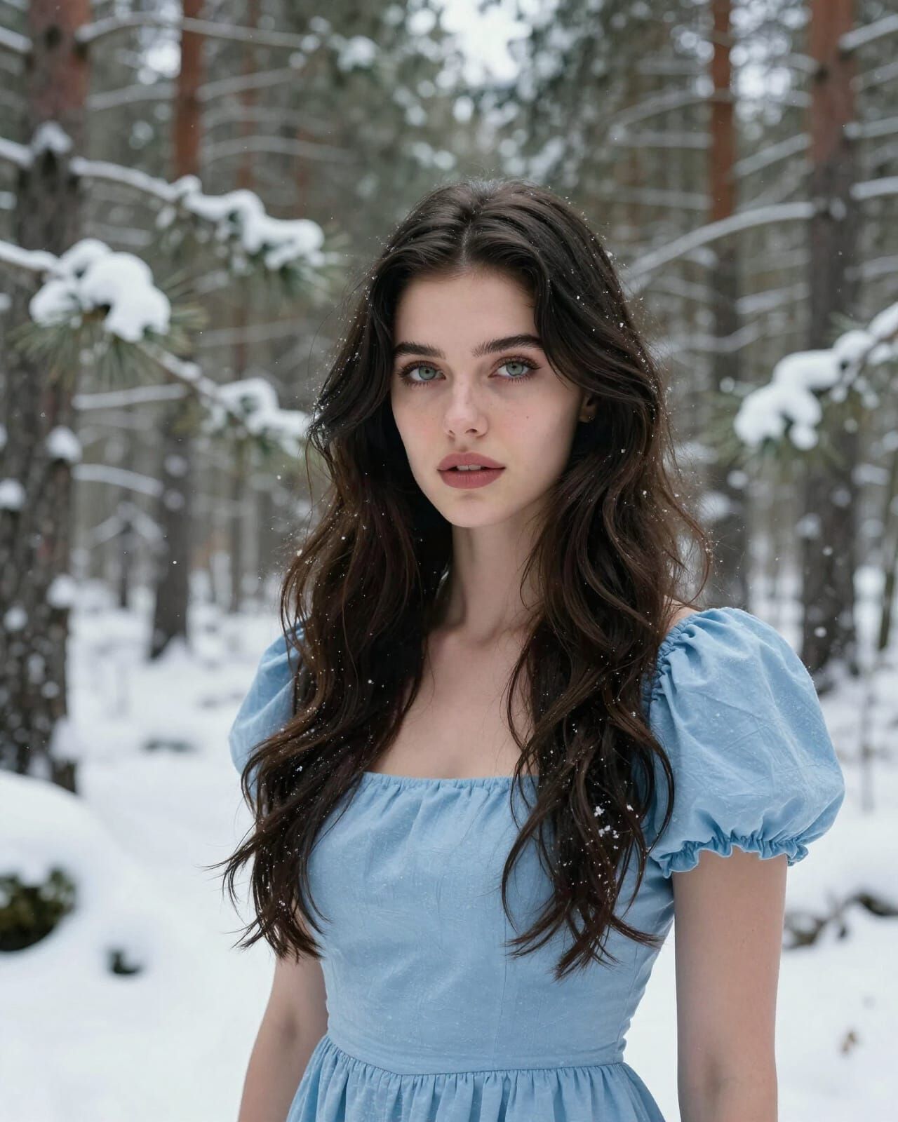 Young Woman Posing in Snowy Pine Forest - High Fashion Photo