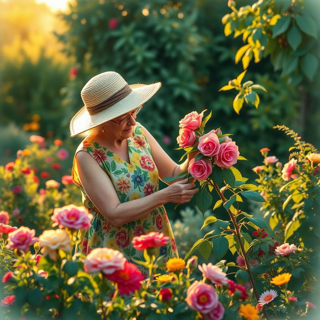 Elderly Woman's Golden Hour Garden, Impressionist Style