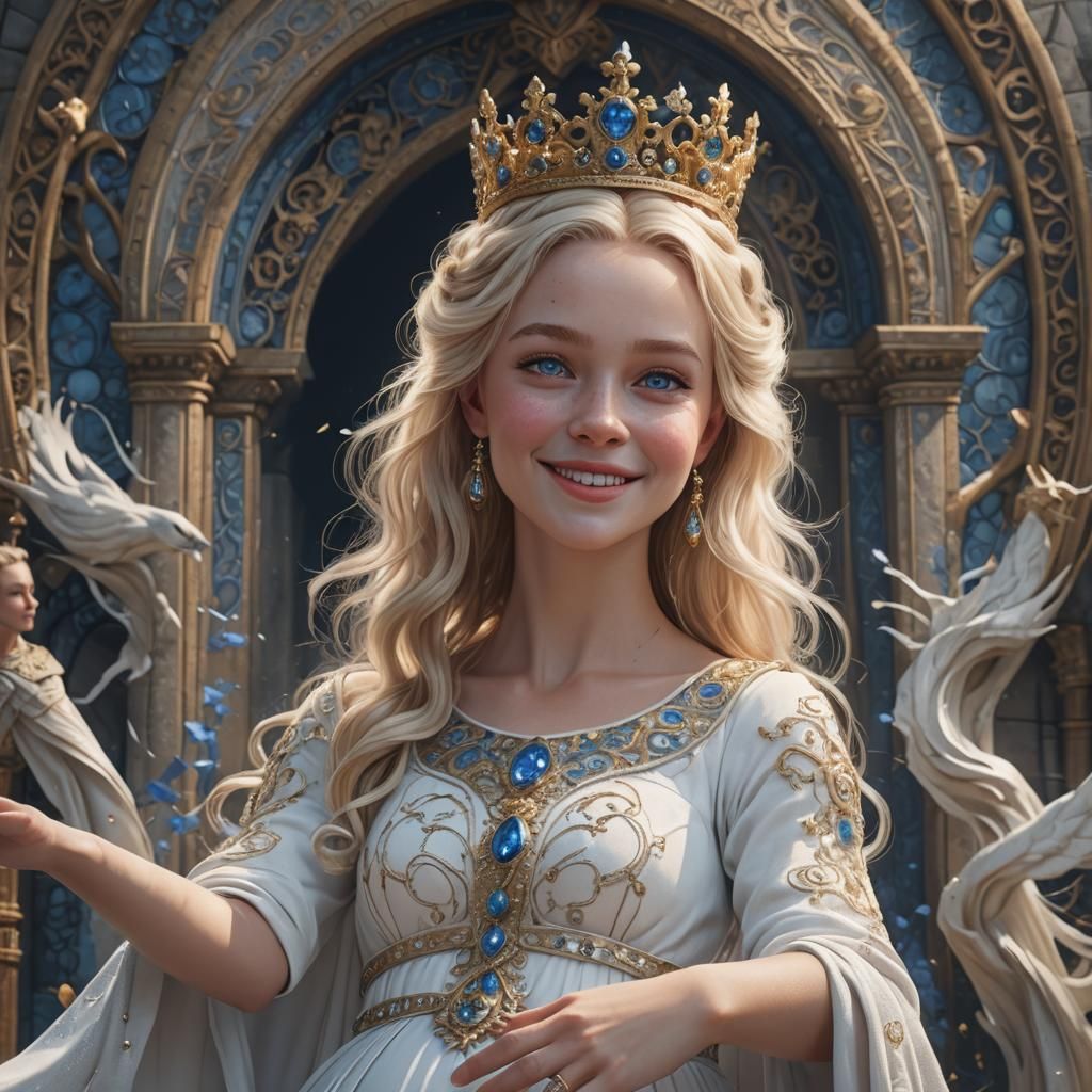 Smiling Pregnant Queen in White Dress: Fantasy Art