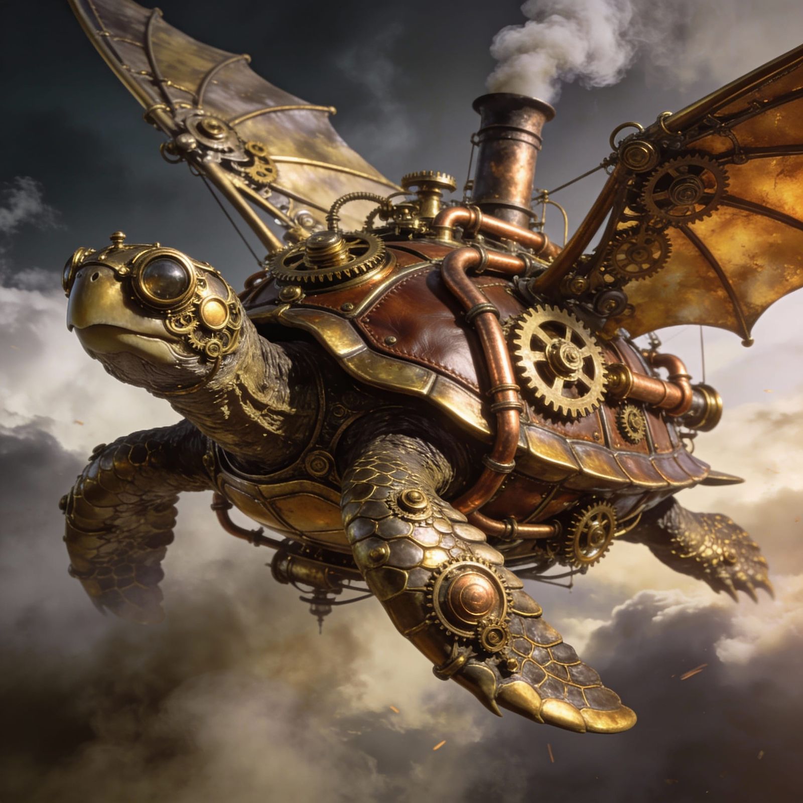 Steampunk Turtle Airship Soaring in Dramatic Light