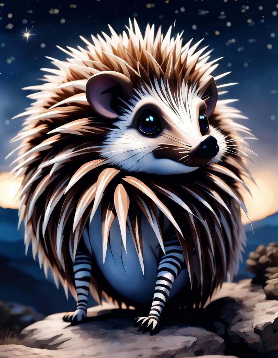 Zebra-Hedgehog Hybrid Overlooking Starry Night