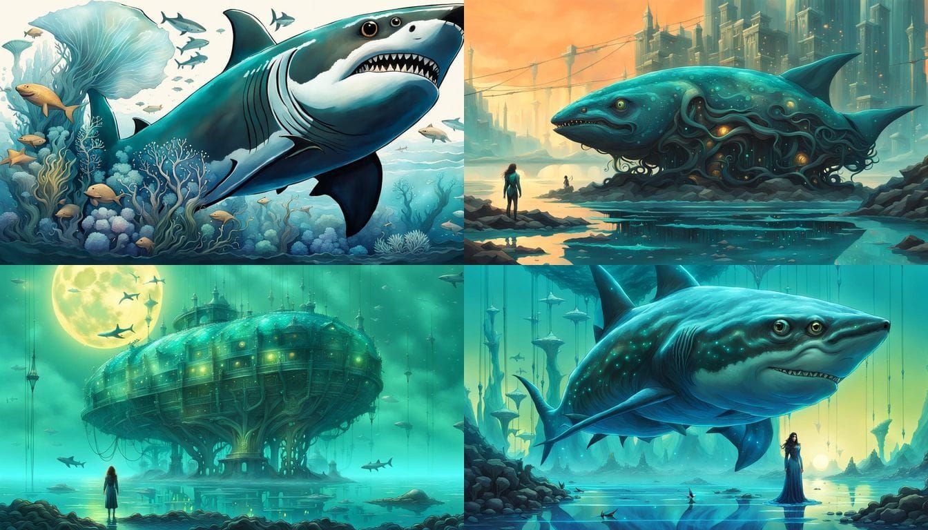Surreal Underwater Goddess with Shark-like Skin in a Neptune...