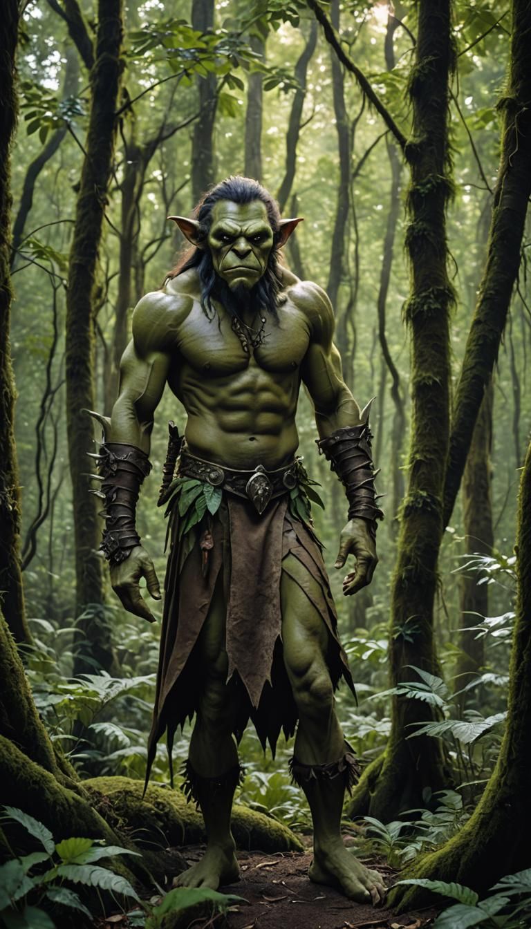 Muscular Goblin Man Portrait in Lush Forest
