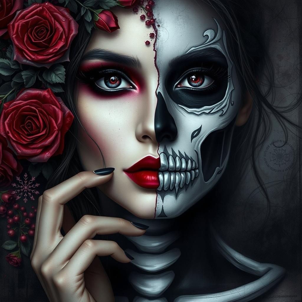 woman with half her face painted like a skeleton.