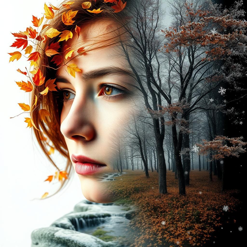Seasonal Double Exposure Portrait in Hyperdetailed Style