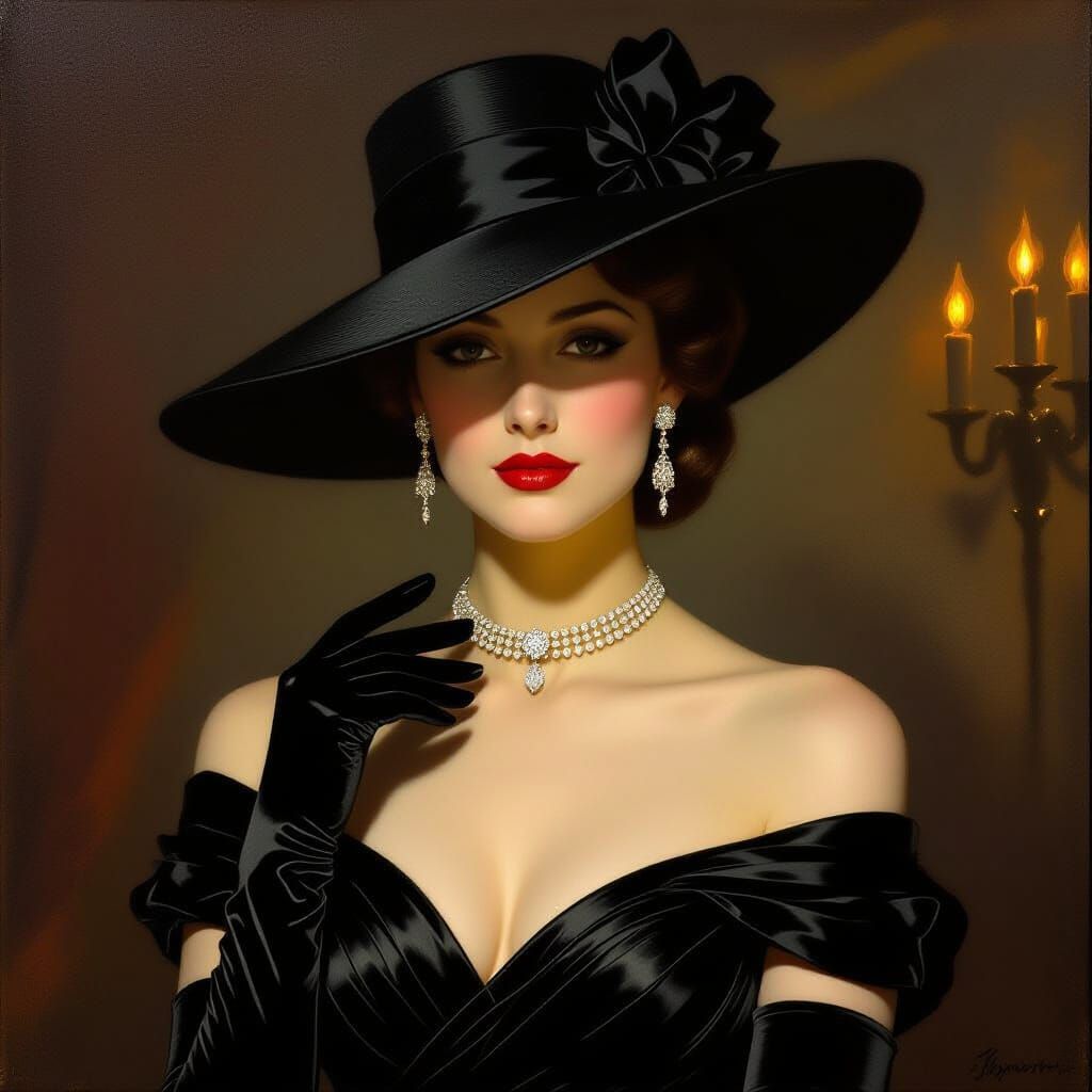 Mysterious Woman in Elegant Evening Dress and Hat