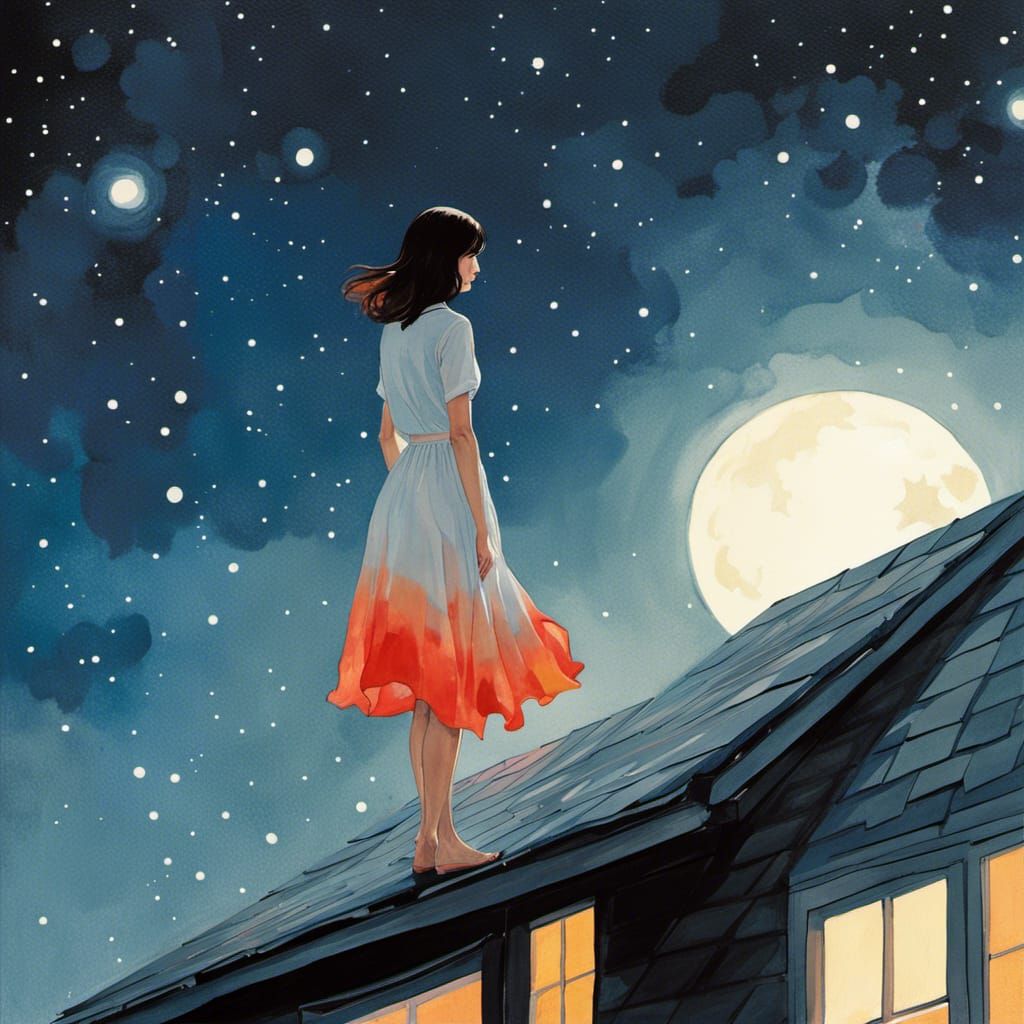 Woman Gazing at Starry Night in Watercolor Style