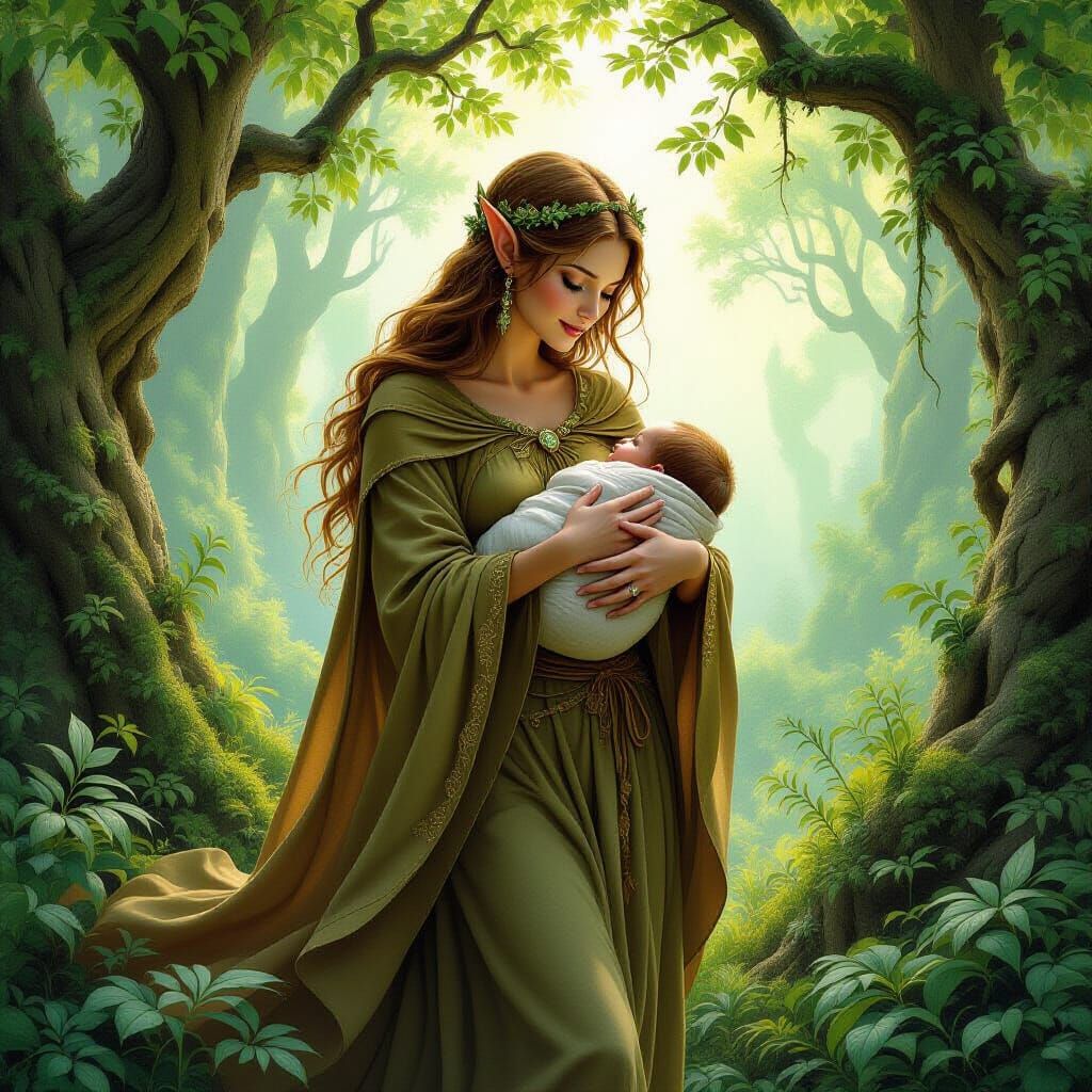 Elf Mother and Baby in Enchanted Forest