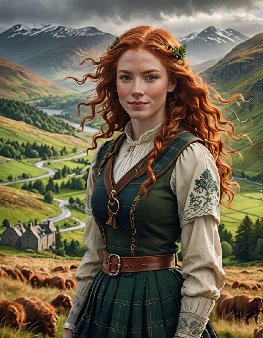 Smiling Ginger Girl in Scottish Highlands, Digital Painting